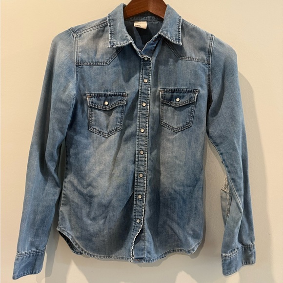 H&M Light Blue Casual Denim Shirt w Rips Size 4 - Picture 1 of 5